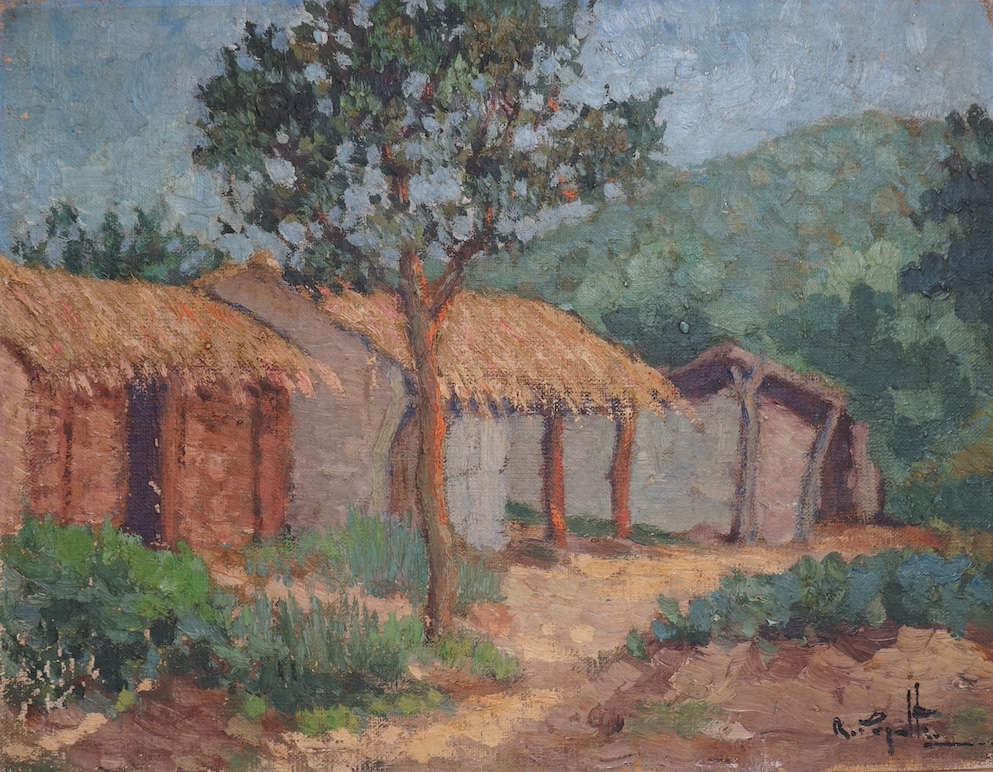 Impressionist oil on canvas board, Village settlement, indistinctly signed lower right, unframed, 27 x 34cm. Condition - fair